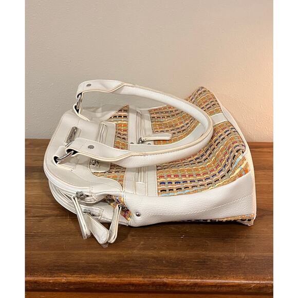 Stone Mountain Multicolor Straw Satchel Bag White Faux Leather Trim - Picture 10 of 16